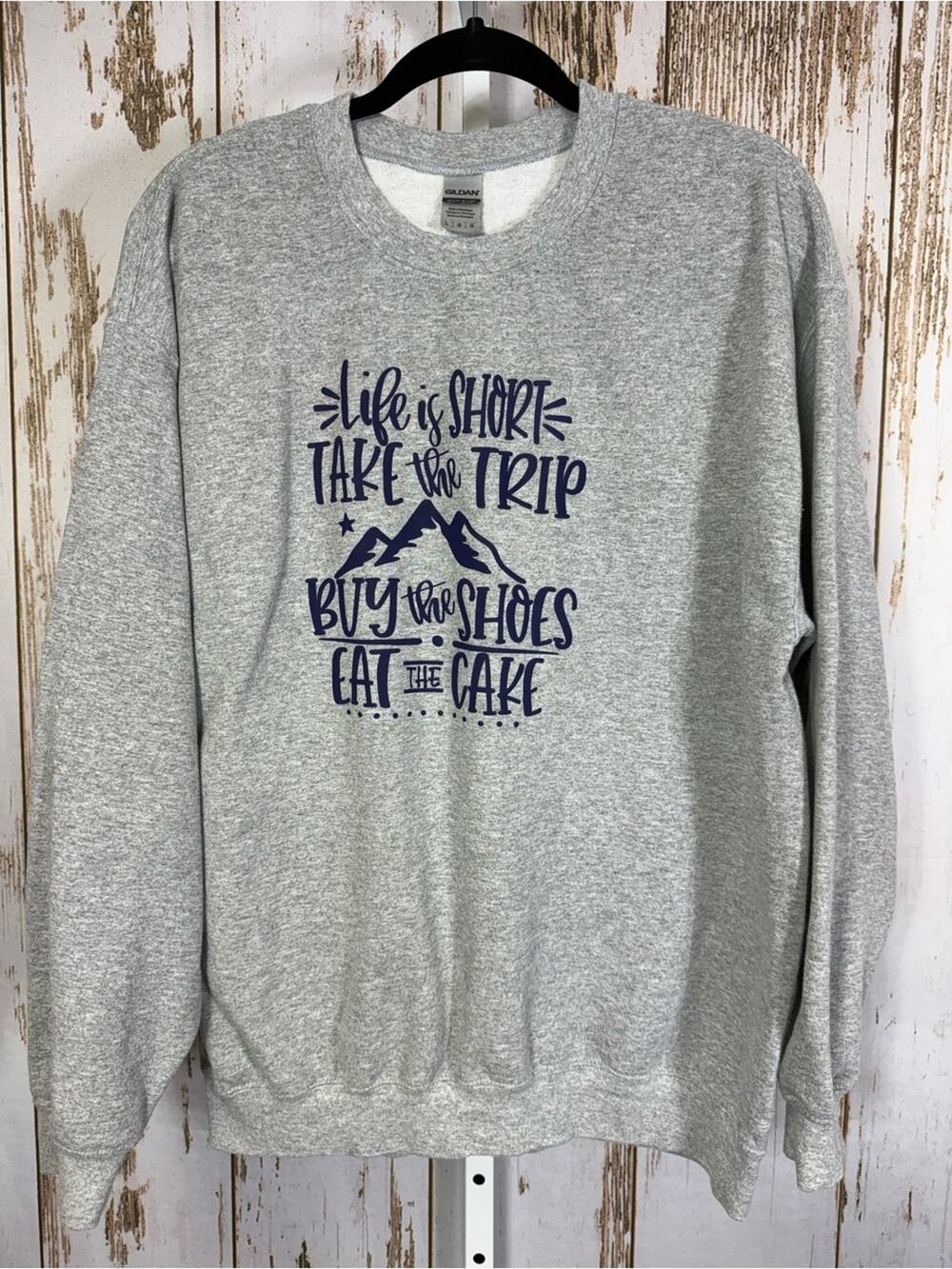 Gildan Heavy Blend, Crew Neck Sweatshirt. Life is Short Print. Size Large.
